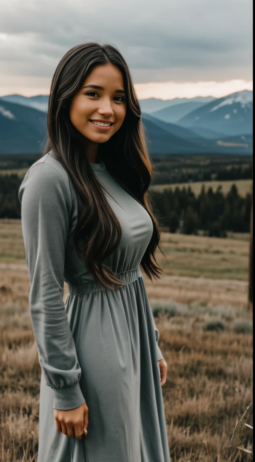 Foto hiperrealista en primer plano de Kelsey Asbille (native American ((light dark skin))), masterpiece, best quality, (photorealistic:1.4), full body, (green long sleeves church dress:1.2)), on the ranch, grey day, Montana mountains in the background, cinematic light, beautiful woman, skinny, large big breasts, black long hair, detailed face, smile, facing the camera, photo taken from a distance, age of 25 years old, camera filter on pastel gray colors,, grey filter on camera