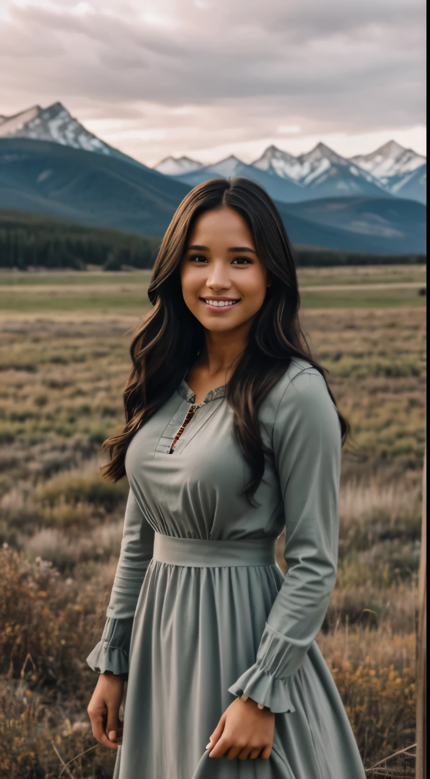 Foto hiperrealista en primer plano de Kelsey Asbille (native American ((light dark skin))), masterpiece, best quality, (photorealistic:1.4), full body, (green long sleeves church dress:1.2)), on the ranch, grey day, Montana mountains in the background, cinematic light, beautiful woman, skinny, large big breasts, black long hair, detailed face, smile, facing the camera, photo taken from a distance, age of 25 years old, camera filter on pastel gray colors,, grey filter on camera