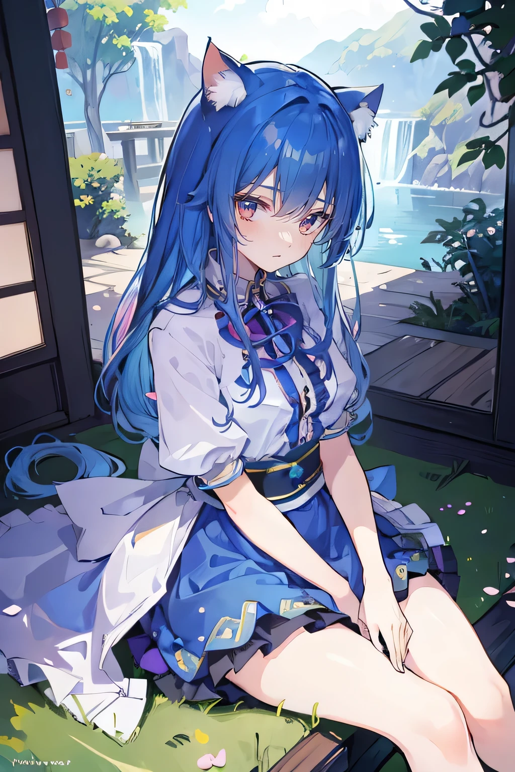 (masterpiece:1.2),ultra-detailed,realistic,expressive eyes,fair-skinned,perfectly shaped face,1girl,
Japanese cartoons,Gorgeous blue hair, flowing blue hair,floating clothes,cat ears,petals falling,beautiful Lola,Hina Angel,
hands on waist,gracefully sitting on the ground,legs crossed,gentle and serene background,cool and comfortable pavilion.
