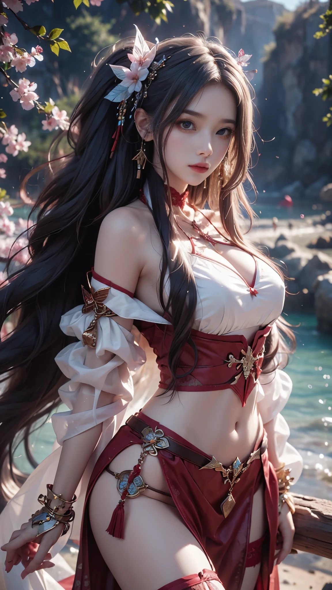 8K, ultra hd, masterpiece, hd colors, 1 girl, perfect face, very long curly hair, detailed eyes, detailed clothing, ((red clothing)), stocking, ((criss-cross lace)), ((white sardine)), straps, Pendant, net clothing, loops, bare waist, jwellery, ornaments, waterside, Realistic scenery, epic scenery, sun rising, evening, clouds, Butterfly, cherry blossom, flowing wind, perfect pose,