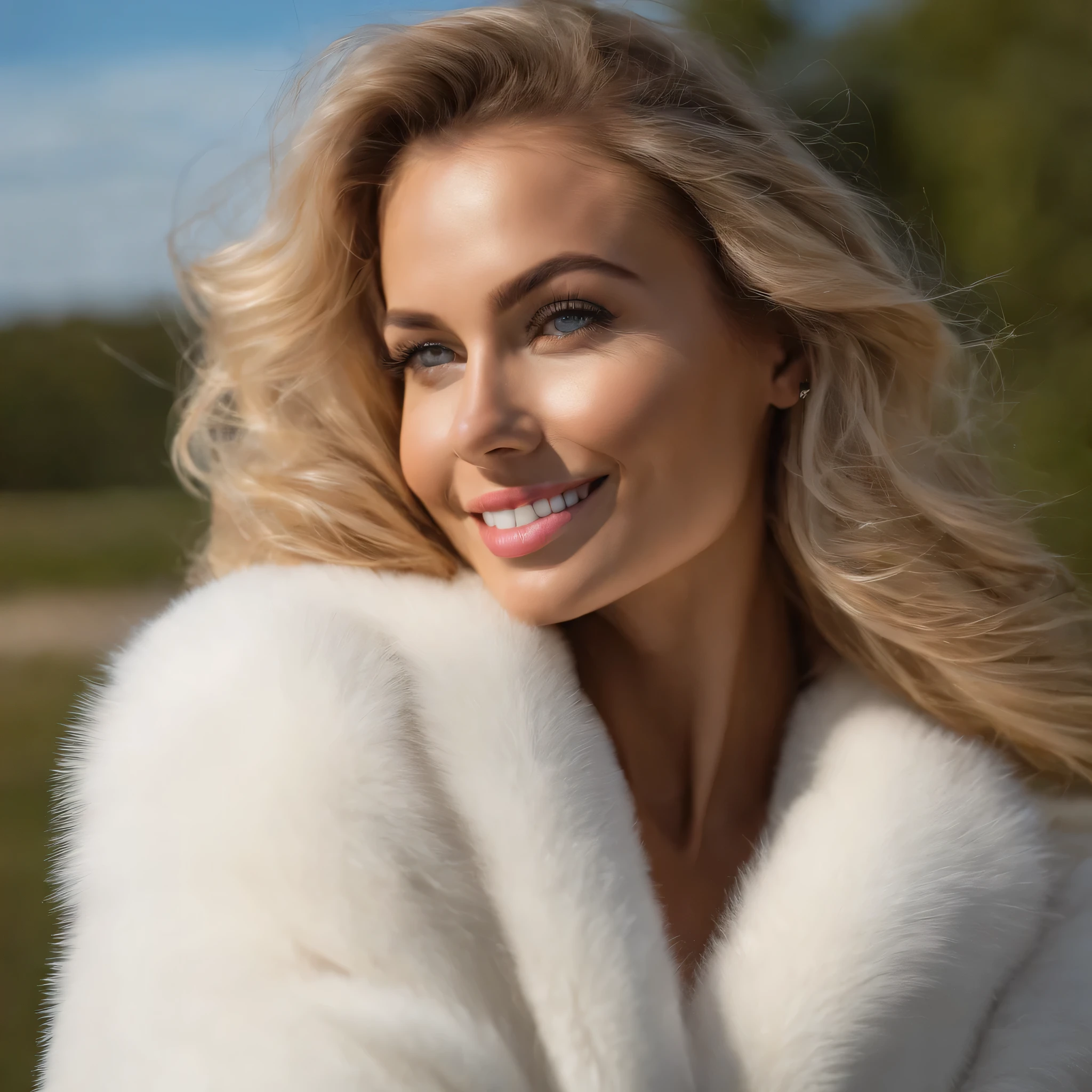 femme 42 ans, MILF , Fille sexy aux yeux bleus, ultra realistic, Meticulously detailed, Portrait de Sophie Mudd, cheveux blonds et grands yeux, selfie d&#39;une jeune femme, Yeux de chambre, Violette Myers, sans maquillage, Maquillage naturel, regarder directement la caméra, mec avec artgram, maquillage subtil, eveloped with a very voluminous white mink fur coat with very thick white fluffy fur collar, bare shoulders up to half the breasts ,  Superbe photo de tout le corps, Nature, sunlight, souriant, buste sexy de grande taille