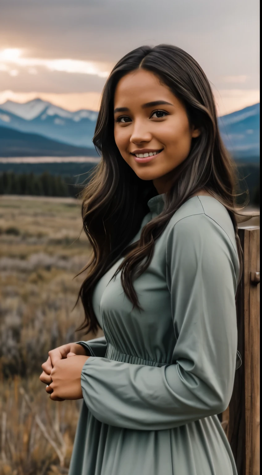 Foto hiperrealista en primer plano de Kelsey Asbille (native American ((light dark skin))), masterpiece, best quality, (photorealistic:1.4), full body, (green long sleeves church dress:1.2)), on the ranch, grey day, Montana mountains in the background, cinematic light, beautiful woman, skinny, large big breasts, black long hair, detailed face, smile, facing the camera, photo taken from a distance, age of 25 years old, camera filter on pastel gray colors,, grey filter on camera