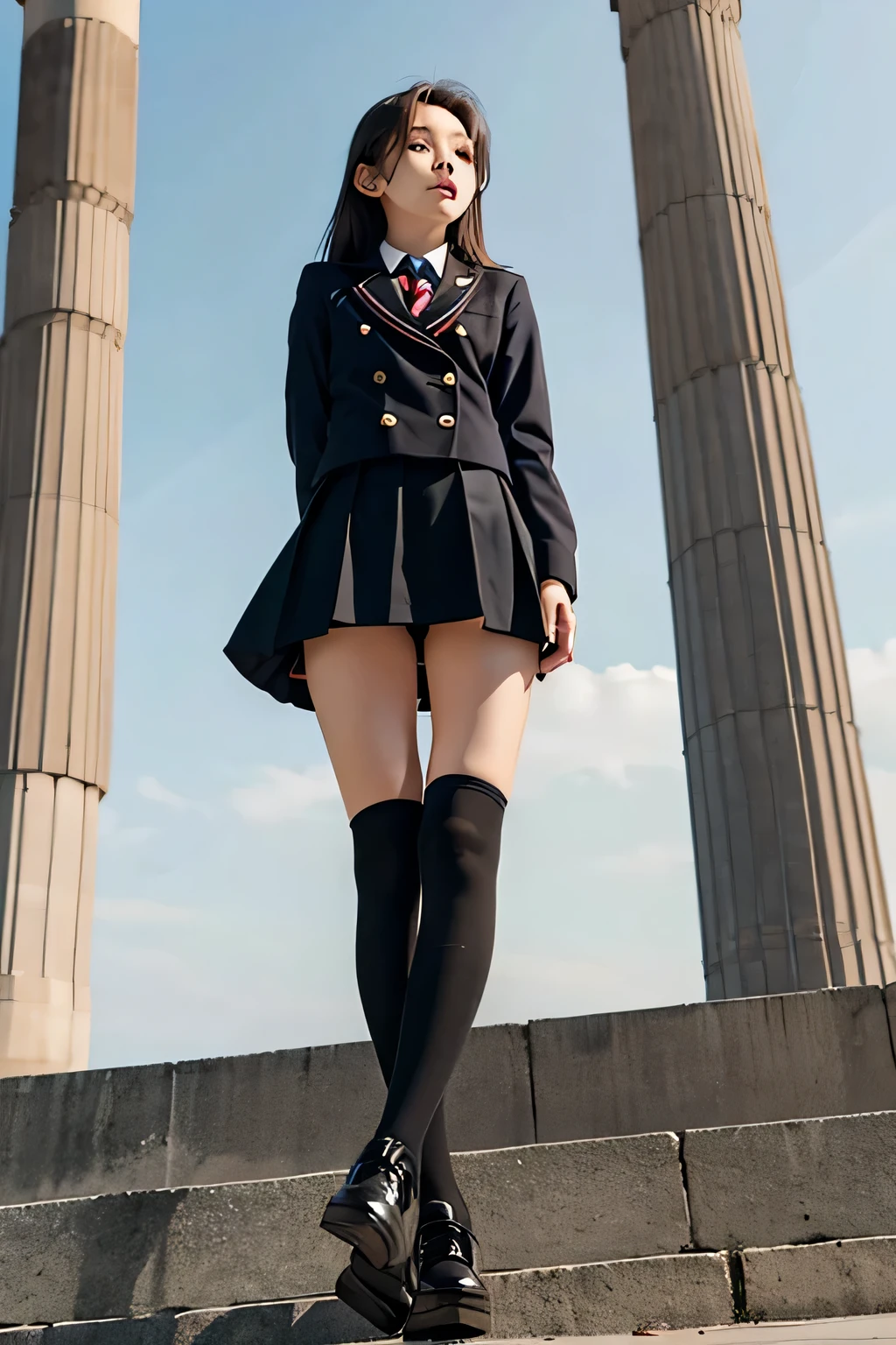 slender young girl with white skin, black over knee high socks, school-uniform, girl showing off small butts and very thin legs, standing in public, ((Angle from below))