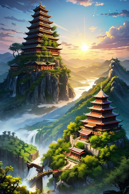 2. Mountain view with waterfall and temple in the middle, The scene drawn by Han Gan, CG Community Contest Winner, Imagination art, A dreamy Chinese city, Chinese landscape, Chinese Fantasy, Made of trees and fantasy valley, View of the old city, Request an impressive fantasy scene, Most of the landscapes are epic, Temple on the hill, Mountain forest environment, Symbolic scene, Chinese village ,sunset