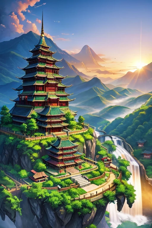 2. Mountain view with waterfall and temple in the middle, The scene drawn by Han Gan, CG Community Contest Winner, Imagination art, A dreamy Chinese city, Chinese landscape, Chinese Fantasy, Made of trees and fantasy valley, View of the old city, Request an impressive fantasy scene, Most of the landscapes are epic, Temple on the hill, Mountain forest environment, Symbolic scene, Chinese village ,sunset