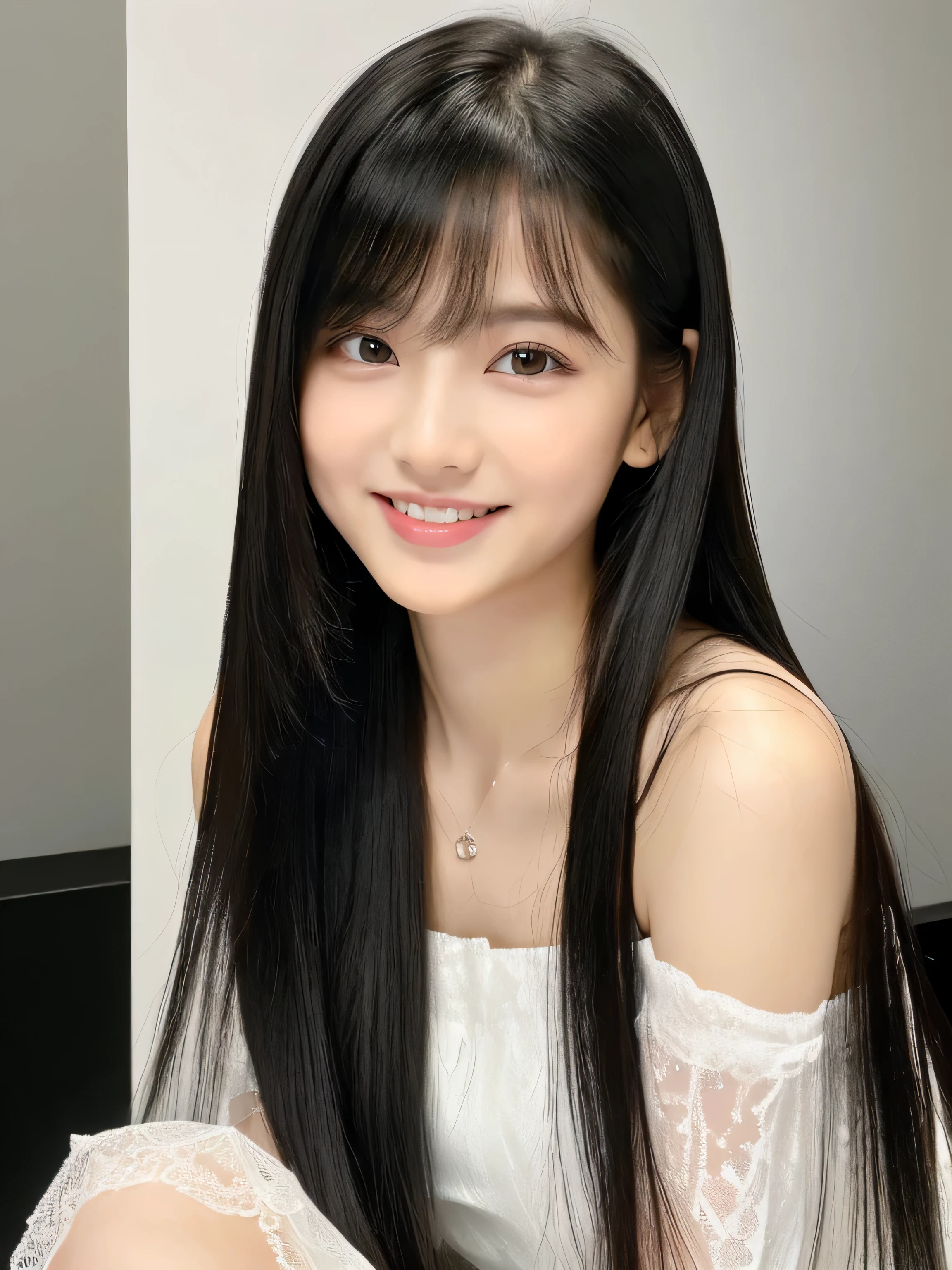 (Pure white wall background:1.3. White Bed:1.There are three) (Photo of upper body from waist up) (JapaneseSoloPhotoshoot'The cutest, baby-faced 12-year-old middle school student)) ((Her deep black hair is incredibly straight and very long.. Very long hair Very high quality, Shiny deep black Absolutely Very long hair Very long hair、Absolutely Very long hair with Beautiful Deep Black Absolutely Very long hair with deep black hair and high quality Very long hair like silk Jet black hair and extremely long hair Very long hair with Deep Black Hair of High Quality Thinning hair And that is'rich Very long hair with very detailed and high quality deep black hair)) ((highest quality)), ((masterpiece)), (familiar) (Get used to it) Perfect Face (Her skin is a typical Japanese skin color......、Very detailed) (She is wearing a white dress with lots of lace..) (She has a beautiful face and a typical Japanese figure...., Narrow eyes.) (Her bangs Well Organized) (She has a perfect beautiful baby face Lipstick is only gloss) ((rich 1.4)) (Extremely detailed 8K) (Stable Diffusion Model) (Ultra-fine skin texture 1.4) (Actual, Vibrant:1.4), double eyelid Sharp focus:1.2、Beautiful woman:1.4 Dynamic Lighting (Genuine RAW photos taken by professional photographers) (Her long bangs、Well Organized) (Turn your whole body to the viewer) Professionally lit from the front (Her smile is cute)