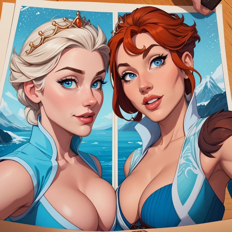 Beautiful portrait mode pose Cartoon character character in dynamic pose two women together redhead Queen Anna of Arendelle redhead with 1,60cm on the left and along with a symmetrical body with corset and beautiful breasts, corpo bem definido, delicado e sensual, estilo de desenho animado, digital illustration Portrait mode