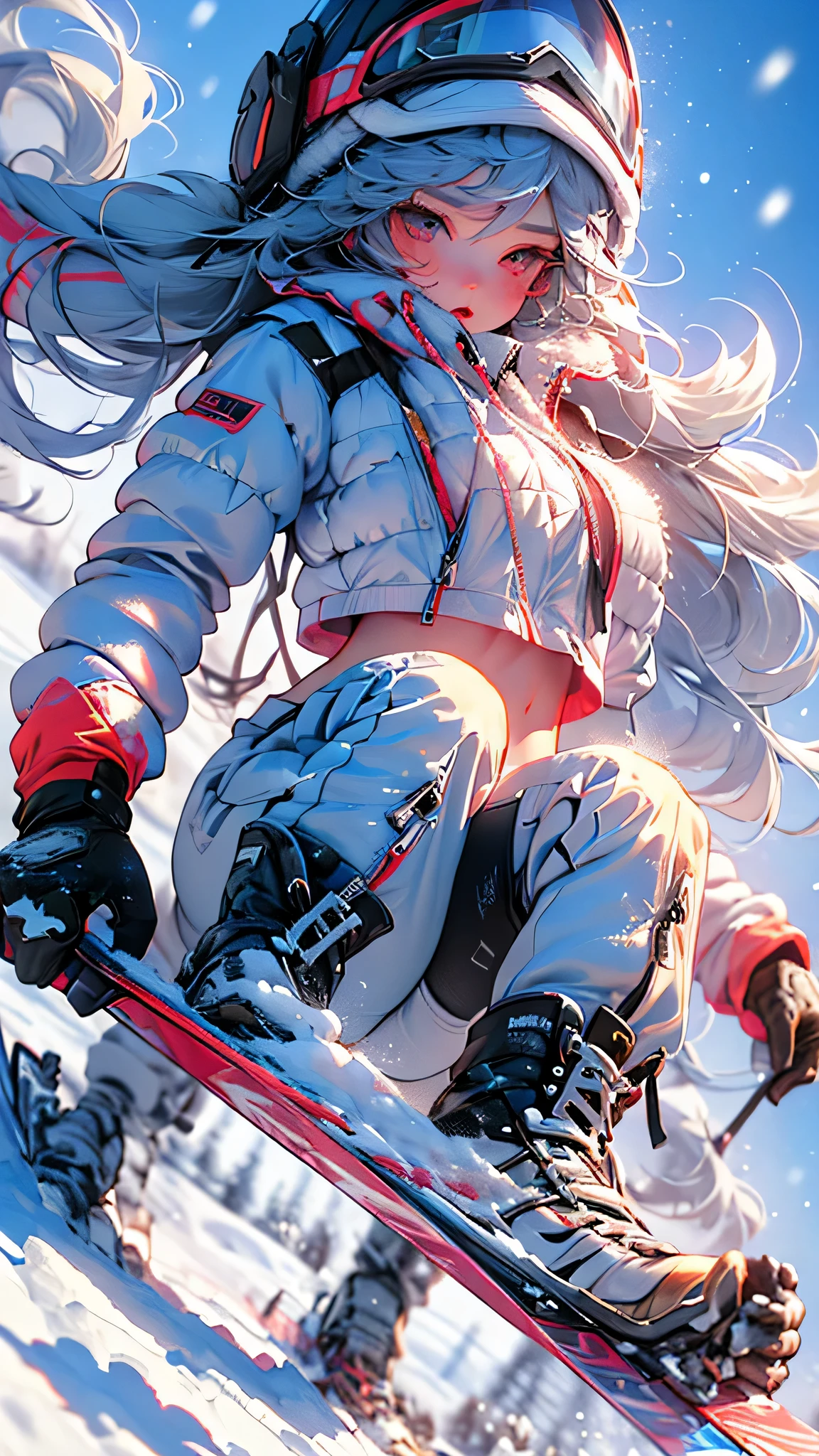 Epic CG masterpiece, hdr,dtm, full ha,8K, ultra detailed graphic tension, dynamic poses, stunning colors, 3D rendering, surrealism, cinematic lighting effects, realism, 00 renderer, super realistic, full - body photos, super vista, super wide Angle, HD
super wide lens, a girl  skiing through some snow in fluorescent fluorescent Red, in the style of shilin huang, detailed attention to costume and fashion, eye-catching, body extensions, sfumato fluid, movements, extremely detailed textures and lights, photorealistic 32K resolution gym_uniform, exposed abdomen
(Slim body:1.1)(long legs:1.3), (skinny legs:1.2),
