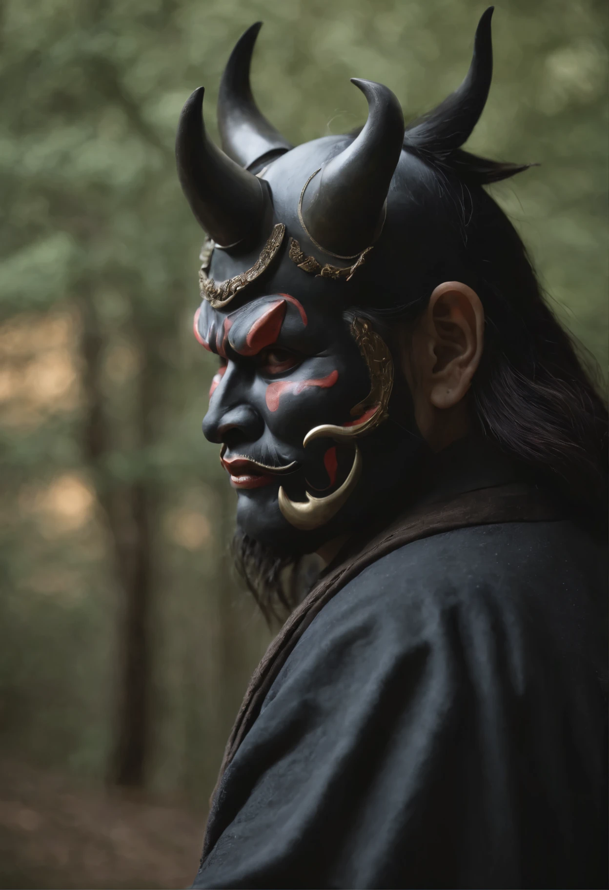 (Oni samurai),(Wearing a devil mask),alone,Like the whole body,(Equipped with a long, sharp knife),Spectacular artwork,((Kyoto Panel Style)),Wind effects:1.9,Cloud Effect:1.2,Full Rendering,Encaustic painting