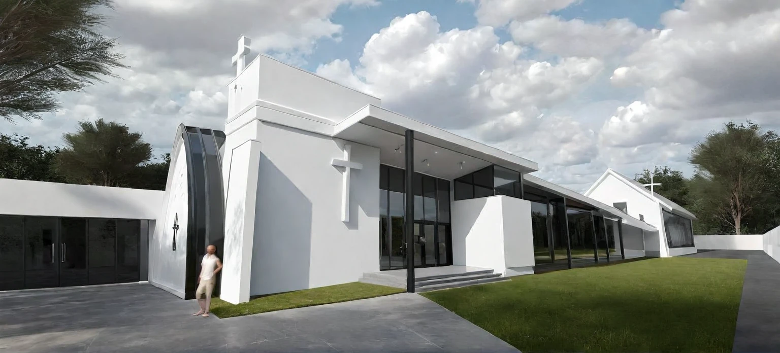 ((( exterior church :1.3 ))), contemporary style, white wall, GREY STEEL door, glass window, (realistic:1.2), Masterpiece, high quality, best quality, authentic, super detail, outdoors,road,pavement, grass, trees, sky, cloud, (daylight:1.3)
