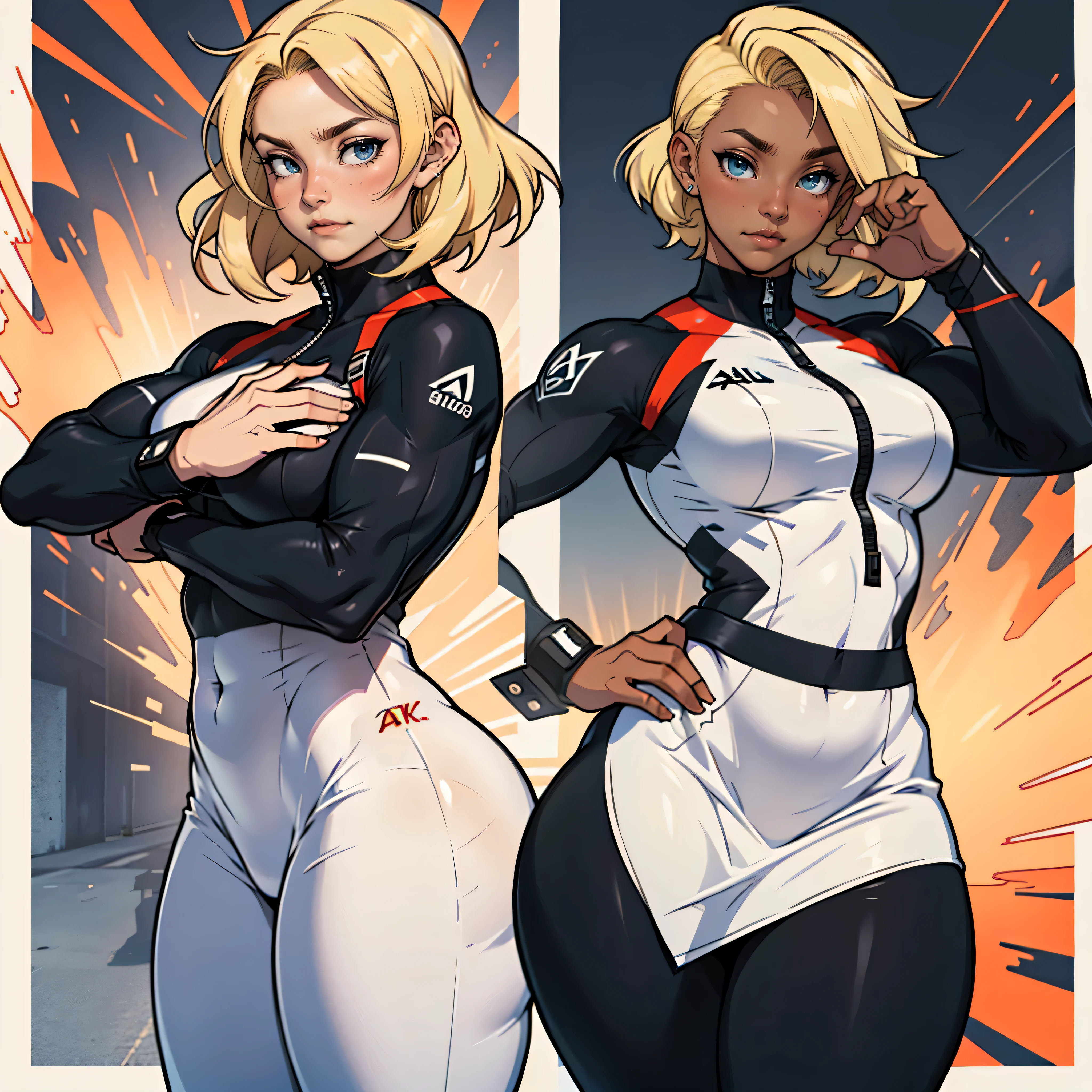 alta qualidade, premiado, high resolution, 8k, 20 year old blonde girl with very short hair wearing advanced technological white dress, black skintight pants, cabelo pequeno, ,((Pose de bunda para fora)), olhos perfeitos, pele molhada, (pele brilhante),