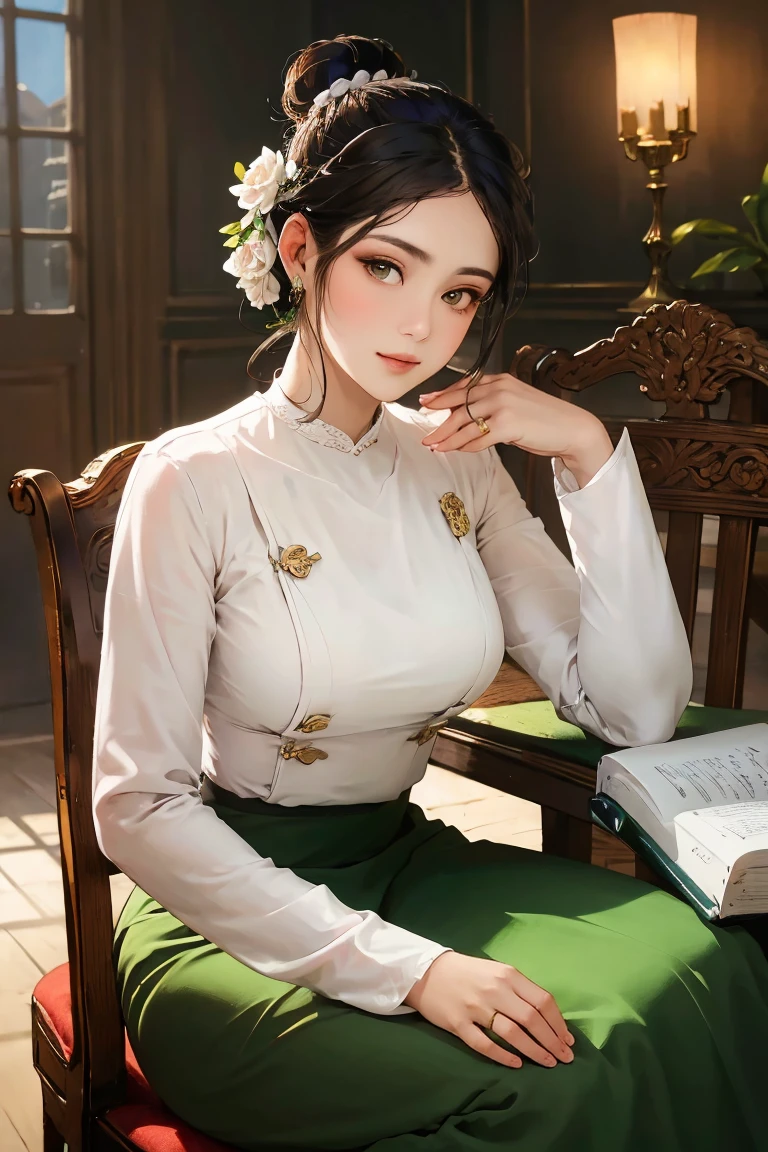 A mesmerizing portrait of an elegant woman with a graceful hair bun adorned with a delicate jasmine flower, captivating the viewer with her enchanting gaze amidst the serene ambiance of a grand library. Masterfully crafted, high-resolution digital painting showcases intricate details and evokes a sense of timeless beauty and intelligence. The warm lighting highlights her features, accentuating the delicate contours of her face, while the soft background adds depth to the composition. An exquisite masterpiece worthy of admiration, (wearing acmmsayarma outfit, acmmsayarma white top with buttons, long sleeves), ((acmmsayarma green long skirt))