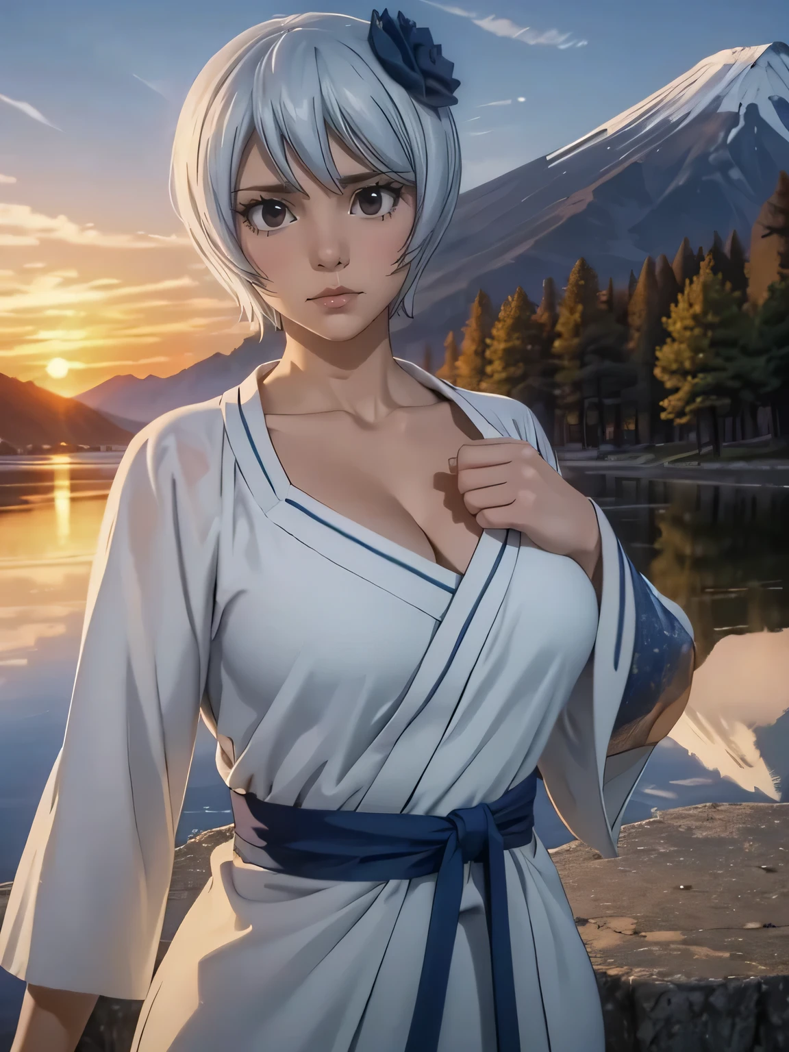 Best quality, masterpiece, extremely detailed, detailed background, detailed eyes,realism,a high resolution,realistic ultra, 1 girl, beautiful eyes, young girl,beautiful graceful fingers, woman with short hair,expressive face, kimono, big breasts:1.2 , Landscape of Mount Fuji, on open air, sunset, beautiful sky, picnic on the lake, landscape, landscape, horizon, The mountain is next to the mountain, Wind, flower petal, Vesna, looking, Atmospheric lighting, reflection, naturalistic, detail, realism. relaxation, Beauty, Just focus, Close-up, outside, depth of field, hips