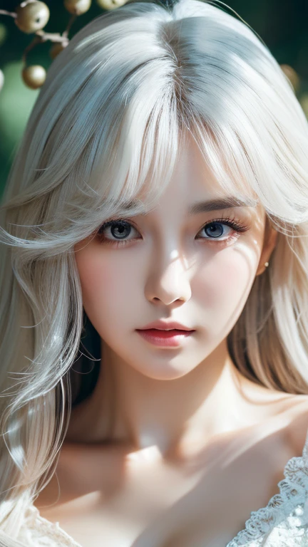 (Surreal), (figure), (High resolution), (8K), (Very detailed), (best figure), (Detailed and beautiful eyes), (highest quality), (Super detailed), (masterpiece), ( wallpaper), (Detailed face), alone, 1 girl, Wavy white hair, Korean, Different Eyes, Long legs, Toned Abs, 