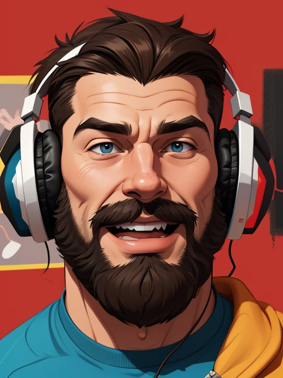 Man with beard Cartoon style digital illustration with happy expression wearing Cartoon style headphones making a profile portrait mode illustration playing video games