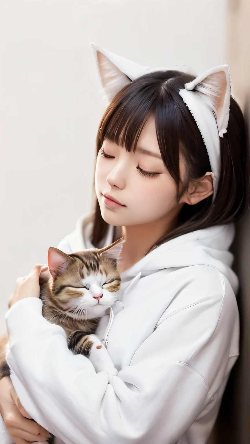 masterpiece, 4k, Bokeh, (Kawaii:1.5), (Beautiful girl:1.3), (Japanese idle:1.6), (Cat ear:1.3) , (white Hoodie:1.3), (I love cat:1.6), Blushed face, cowboy shot, (Hold a slleeping pretty white cat :1.5), (Close eyes:1.3), (white background :1.4),