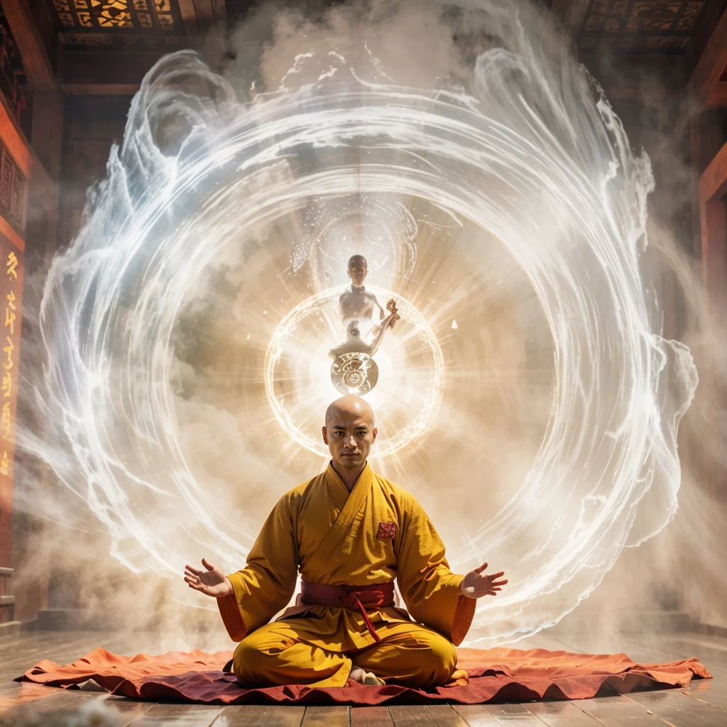 A Shaolin monk acting,
Qi explosion, spirit barrier, mystique energy, Prana streams, Yin yang balance,
volumetric fog,
bald, meadow,xianxia,stand