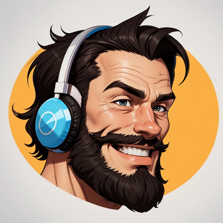 Man with beard Cartoon style digital illustration with happy expression wearing Cartoon style headphones making a profile portrait mode illustration playing video games 