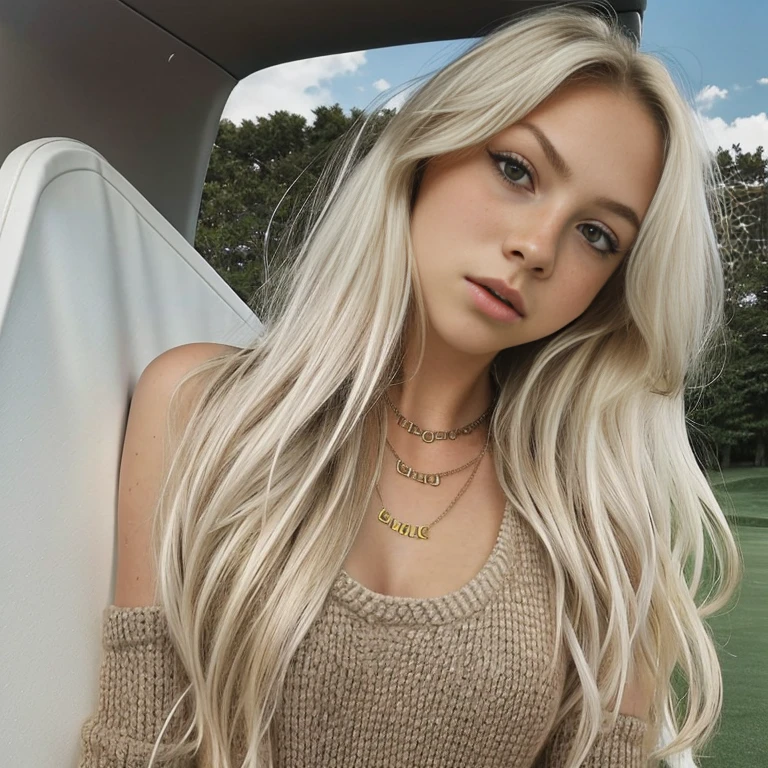 1girl in, age19, Solo, blond, Long hair, Colossal , Looking at the viewer, Blond hair, Bare shoulders, Brown eyes, Jewelry, Full body, A necklace, Bare shoulders, Sweaters, Realistic, A sexy, Dressed in a soccer jersey, Next to a golf course 