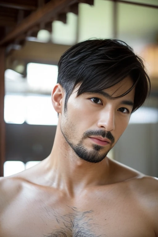 Handsome Japanese man in his 40s,Upper body portrait,Shaving,shaver,Bangs are down