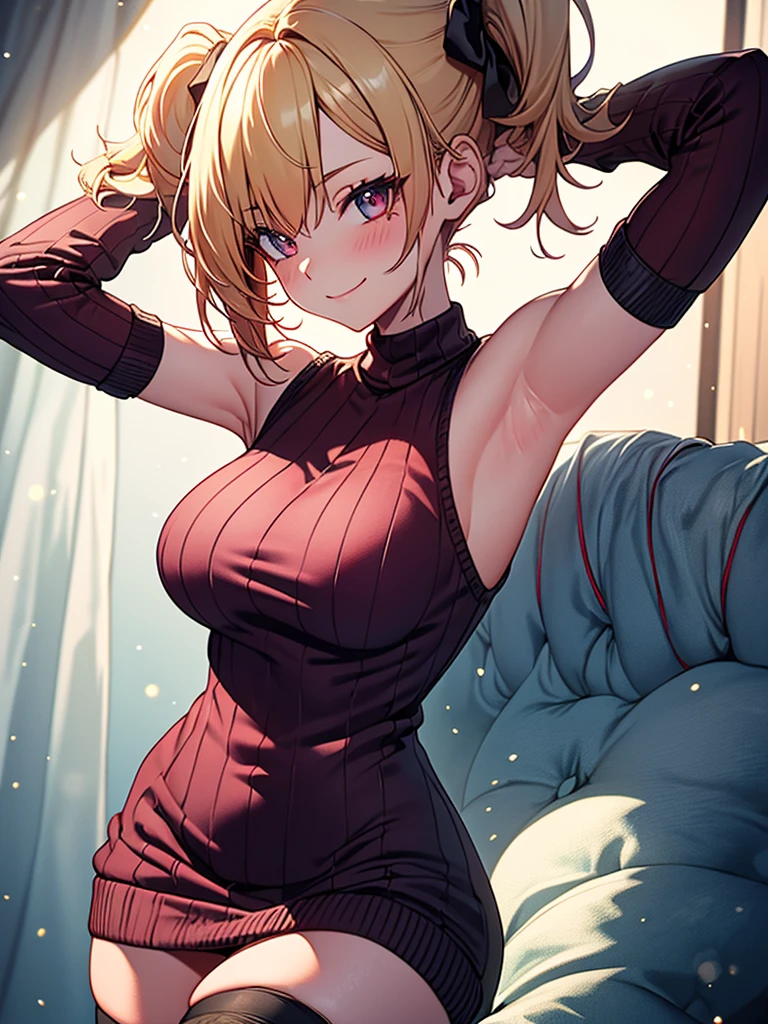 (highest quality, High resolution, perfect pixel, Depth of bounds written, 4K), bed, from side, (cowboy shot), (armpit focus), detailed eyes, (1 lady), tall, slim, perfect body, large breasts, blond hair, (side ponytail:1.2), (burgundy virgin killer sweater dress:1.2), (sleeveless), bare back, (standing), (arm behind head:1.2), seductive smile, blush, (knee-length stockings:1.3),
