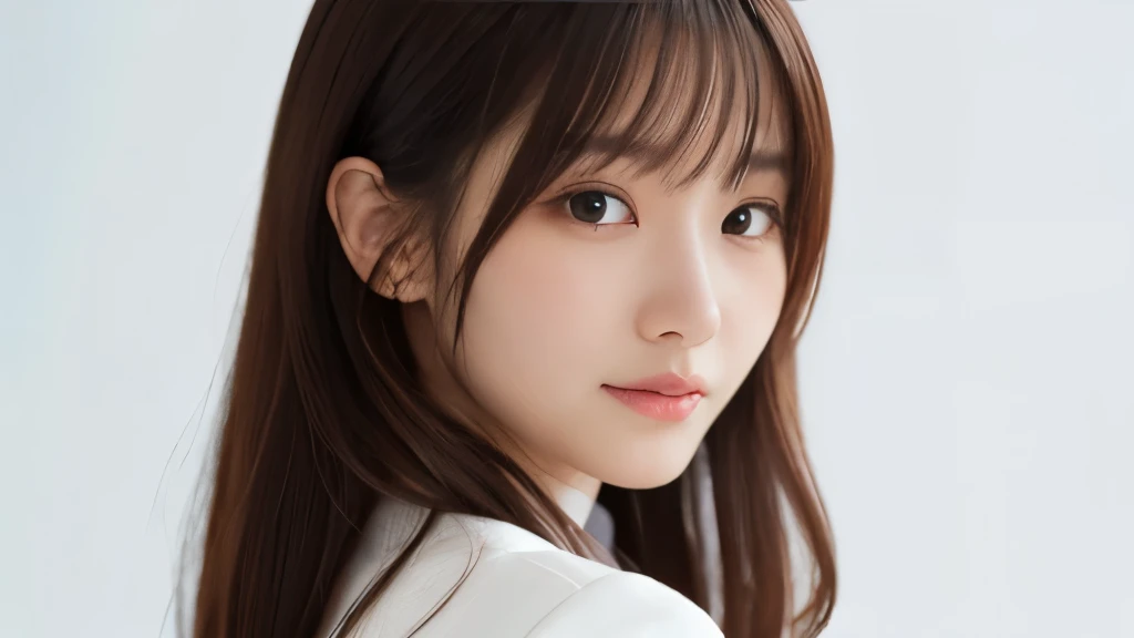 (masterpiece:1.2,highest quality),((White background)),((Photographed with an ultra-wide-angle single focus lens)),depict the upper body,ung woman,((business suit)),(Big Breasts),((Look to the side)),Black wavy hair,((Fine and beautiful eyes)),blushed,Healthy Skin,(smile),8k resolution