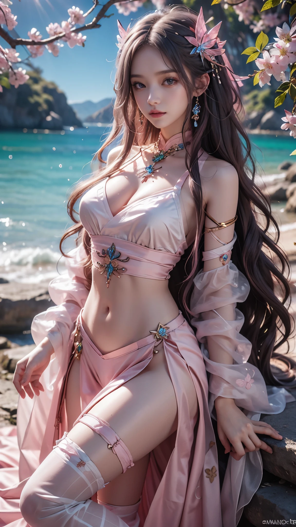 8K, ultra hd, masterpiece, hd colors, 1 girl, perfect face, very long curly hair, detailed eyes, detailed clothing, ((pink clothing)), stocking, lace, ((white sardine)), straps, Pendant, net clothing, loops, bare waist, jwellery, ornaments, waterside, Realistic scenery, epic scenery, sun rising, evening, clouds, Butterfly, cherry blossom, flowing wind, perfect pose,