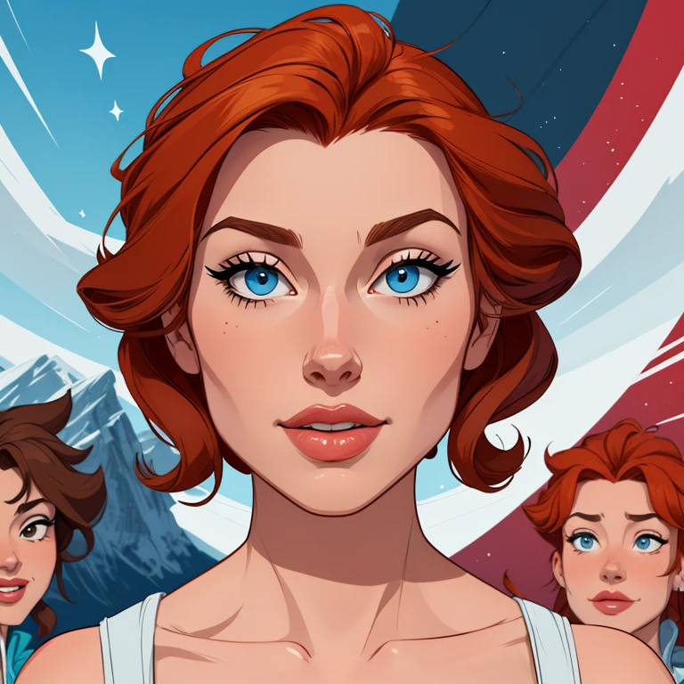 Beautiful portrait mode pose Cartoon character character in dynamic pose two women together redhead Queen Anna of Arendelle redhead with 1,60cm on the left and along with a symmetrical body with corset and beautiful breasts, corpo bem definido, delicado e sensual, estilo de desenho animado, digital illustration Portrait mode
