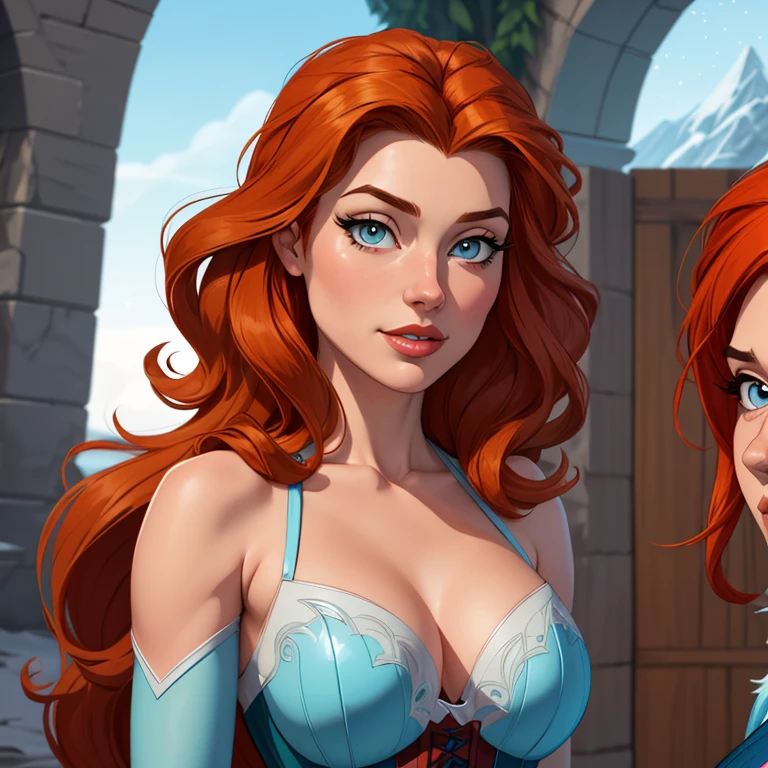 Beautiful portrait mode pose Cartoon character character in dynamic pose two women together redhead Queen Anna of Arendelle redhead with 1,60cm on the left and along with a symmetrical body with corset and beautiful breasts, corpo bem definido, delicado e sensual, estilo de desenho animado, digital illustration Portrait mode 35 year old woman, very long blonde hair down to the waist and half curly with bangs, seios pequenos, olhos grandes com um brilho apaixonado, olhos verdes mel, Um lindo sorriso, wearing a long black t-shirt with a green feminine suit and jeans, in a serious and sweet comic-style pose, alta qualidade