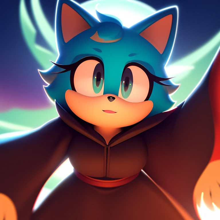 masterpiece, best quality, 4k, 8k, hyper detailed, Cat, Mobian, 1girl, turquoise fur, grey eyes, expressionless, vivid colors, vibrant lighting, dynamic lighting, high contrast, looking at viewer, from below, black robe,