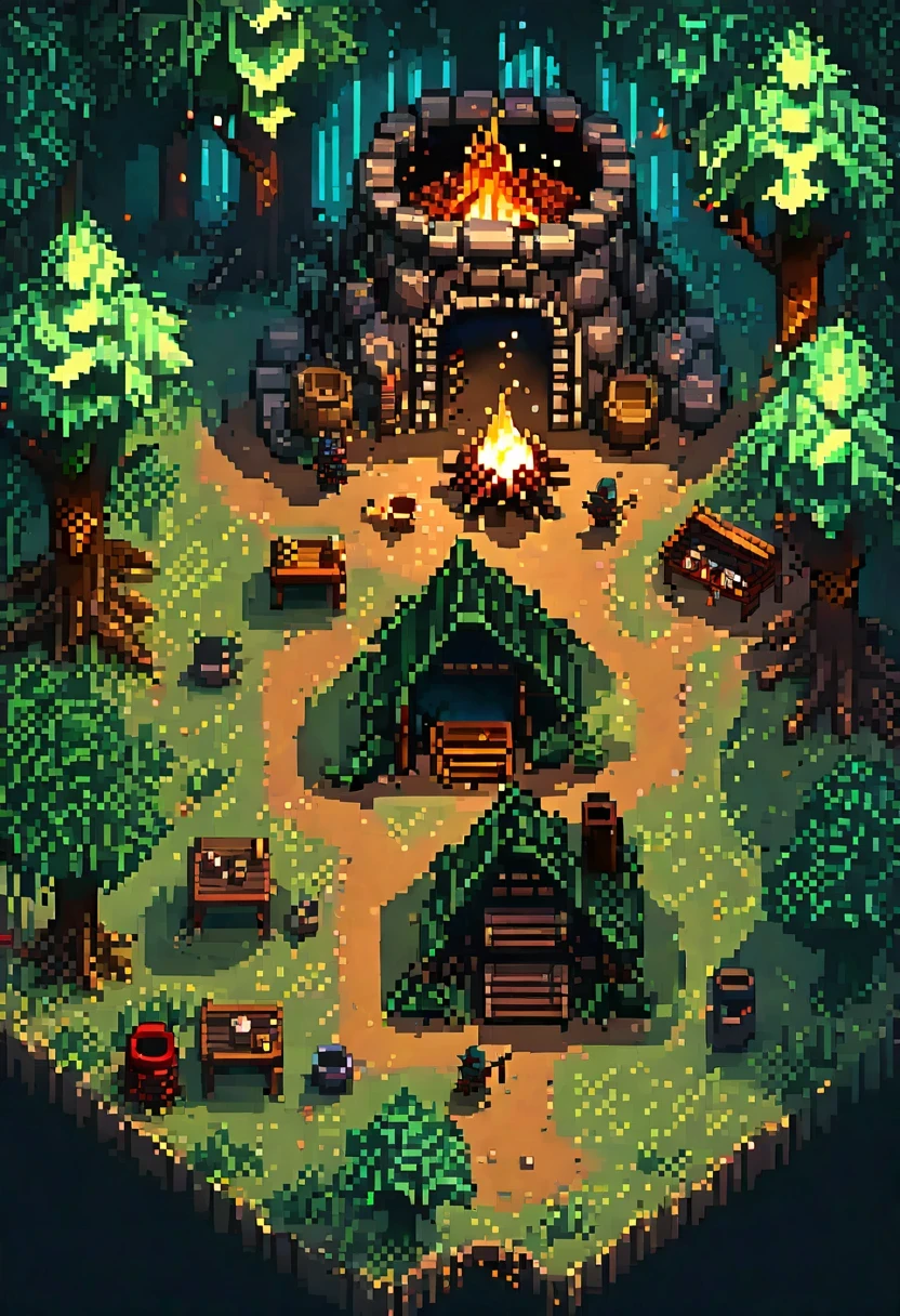 a screenshot of a game with a bunch of people around a campfire, pixel art inspired by Dan Mumford, featured on polycount, pixel art, rpg scene, coriolios rpg art style, dnd in a dark forest, epic rpg artwork, rpg artwork, beautiful detailed pixel art, detailed pixel art, rpg art, inside a rpg game, isometric pixelart,