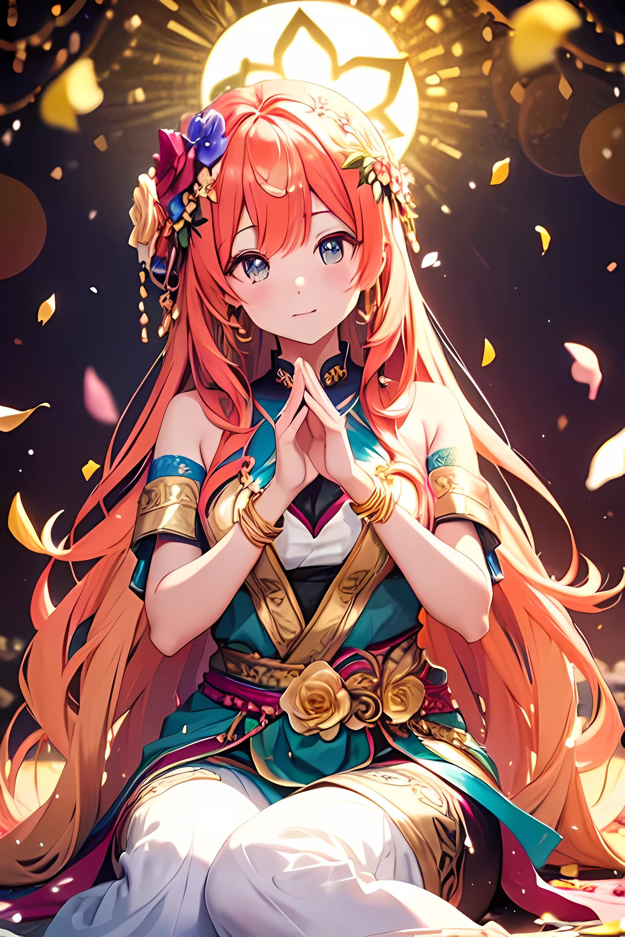Beautiful multicoloured goddess 、dynamic pose、very long hair、(Golden decoration)、((floral decoration))、((floating flower petals、Glitter、Bokeh))、Sit up