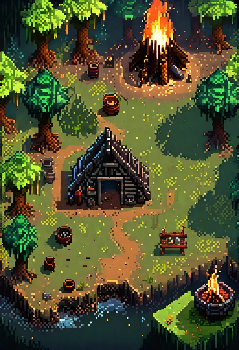 a screenshot of a game with a bunch of people around a campfire, pixel art inspired by Dan Mumford, featured on polycount, pixel art, rpg scene, coriolios rpg art style, dnd in a dark forest, epic rpg artwork, rpg artwork, beautiful detailed pixel art, detailed pixel art, rpg art, inside a rpg game, isometric pixelart,