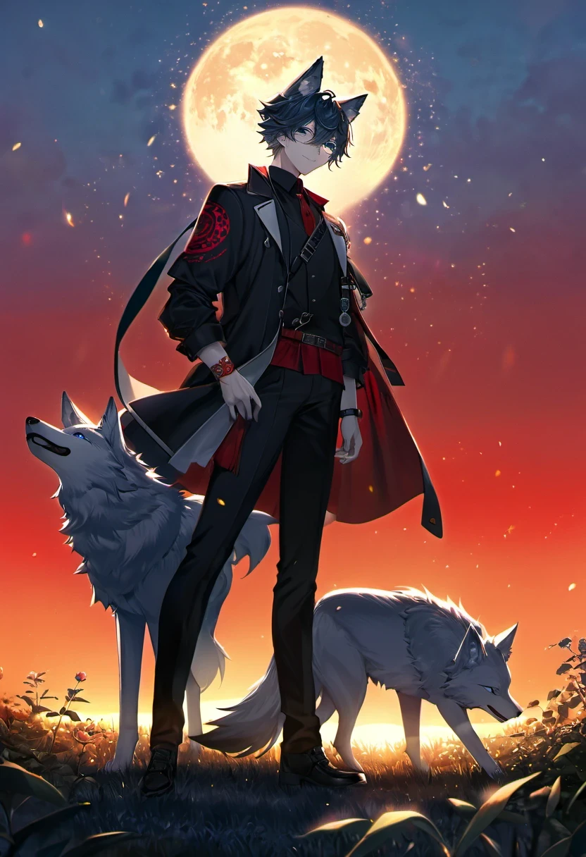 male alpha wolf in garden, black skin, red tattoo, waning moon tattoo on chest, ((heterochromia, blue left eye, red right eye)) dreamy background, kindness, unlimited light, magnificent sunset background, octane render, beautiful features, beautifully detailed eyes, intricate skin, detailed face, perfect skin texture, extreme details, full body vision, cinematic lighting, professional lighting, centered, looking at camera, 8k, shooting with Hasselblad X1D-50, maximum focus, depth of field, perfect lighting, light particles, (best quality), (masterpiece), (ultra detailed), sharp focus, light particles