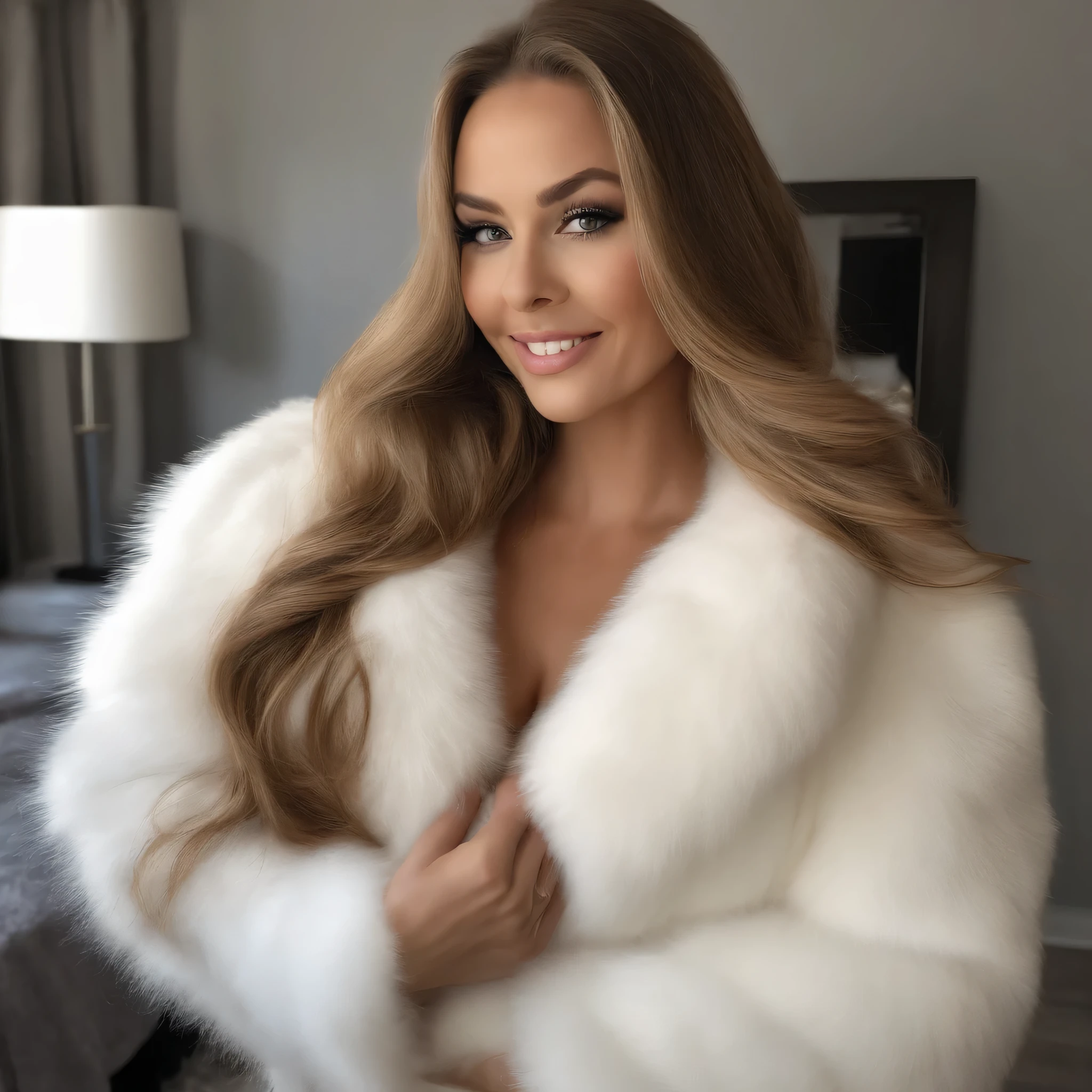 A very long and very large white mink fur coat with a huge, very thick fur collar , three layers , fifty centimeters thick, sur Ornella Muti, ((30 ans)) , ((visage et buste)) she is completely naked and hugs her mink fur coat below her breasts, sous le soleil ,Toscane, elle est souriante, 