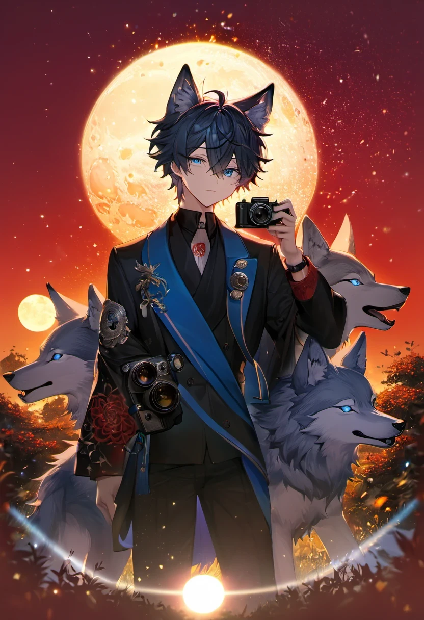 male alpha wolf in garden, black skin, red tattoo, waning moon tattoo on chest, ((heterochromia, blue left eye, red right eye)) dreamy background, kindness, unlimited light, magnificent sunset background, octane render, beautiful features, beautifully detailed eyes, intricate skin, detailed face, perfect skin texture, extreme details, full body vision, cinematic lighting, professional lighting, centered, looking at camera, 8k, shooting with Hasselblad X1D-50, maximum focus, depth of field, perfect lighting, light particles, (best quality), (masterpiece), (ultra detailed), sharp focus, light particles