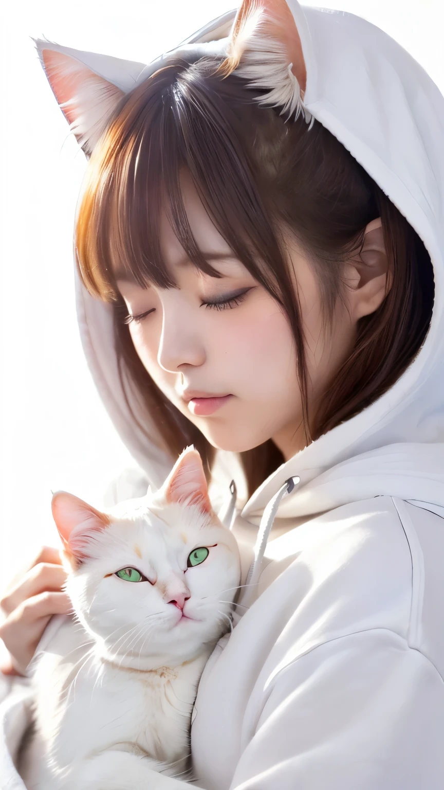 masterpiece, 4k, Bokeh, (Kawaii:1.5), (Beautiful girl:1.3), (Japanese idle:1.6), (Cat ear:1.3) , (white Hoodie:1.3), (I love cat:1.6), Blushed face, Closeup, (Hold a slleeping pretty white cat :1.5), (Close eyes:1.3), (white background :1.4),