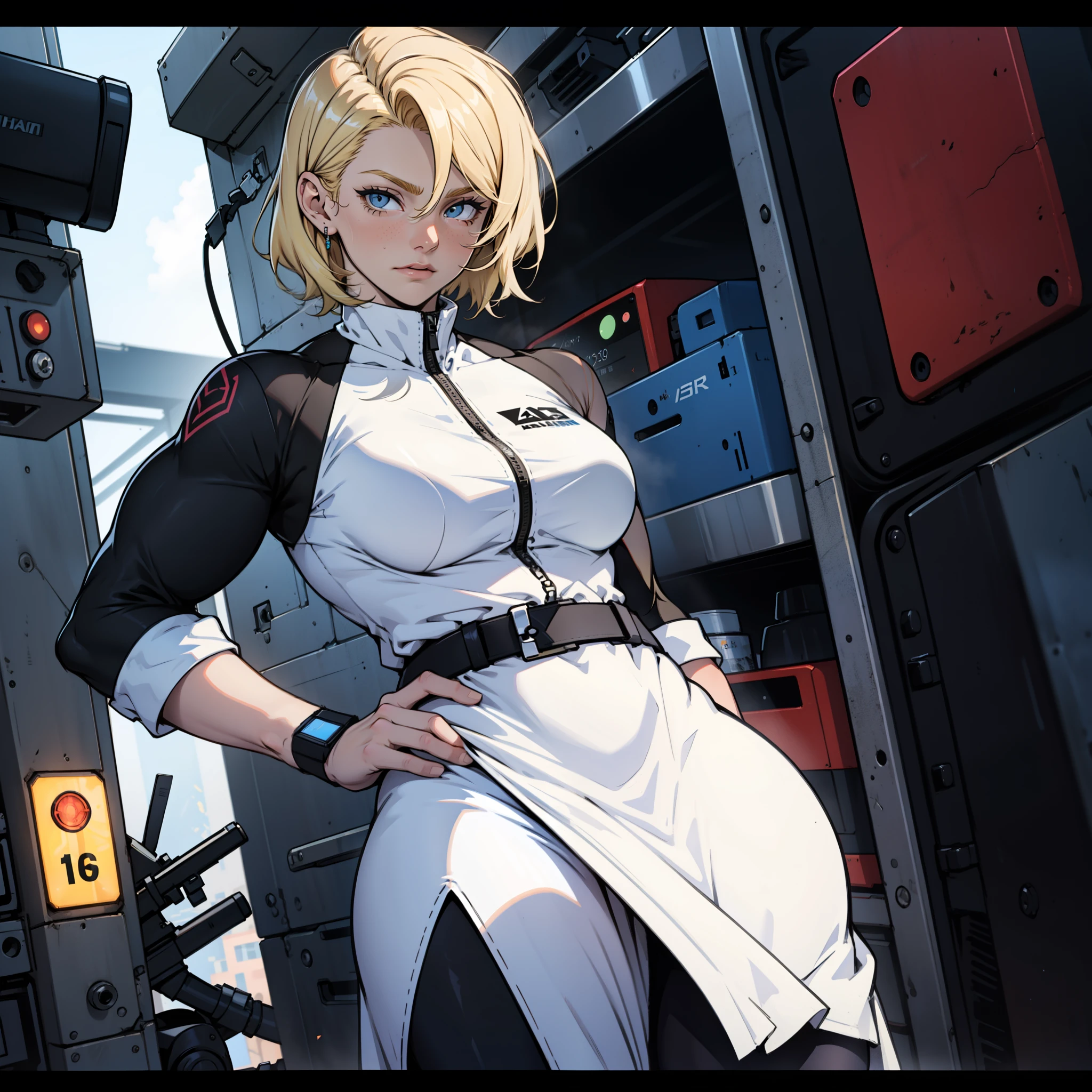 alta qualidade, premiado, high resolution, 8k, 20 year old blonde girl with very short hair wearing advanced technological white dress, black skintight pants, cabelo pequeno