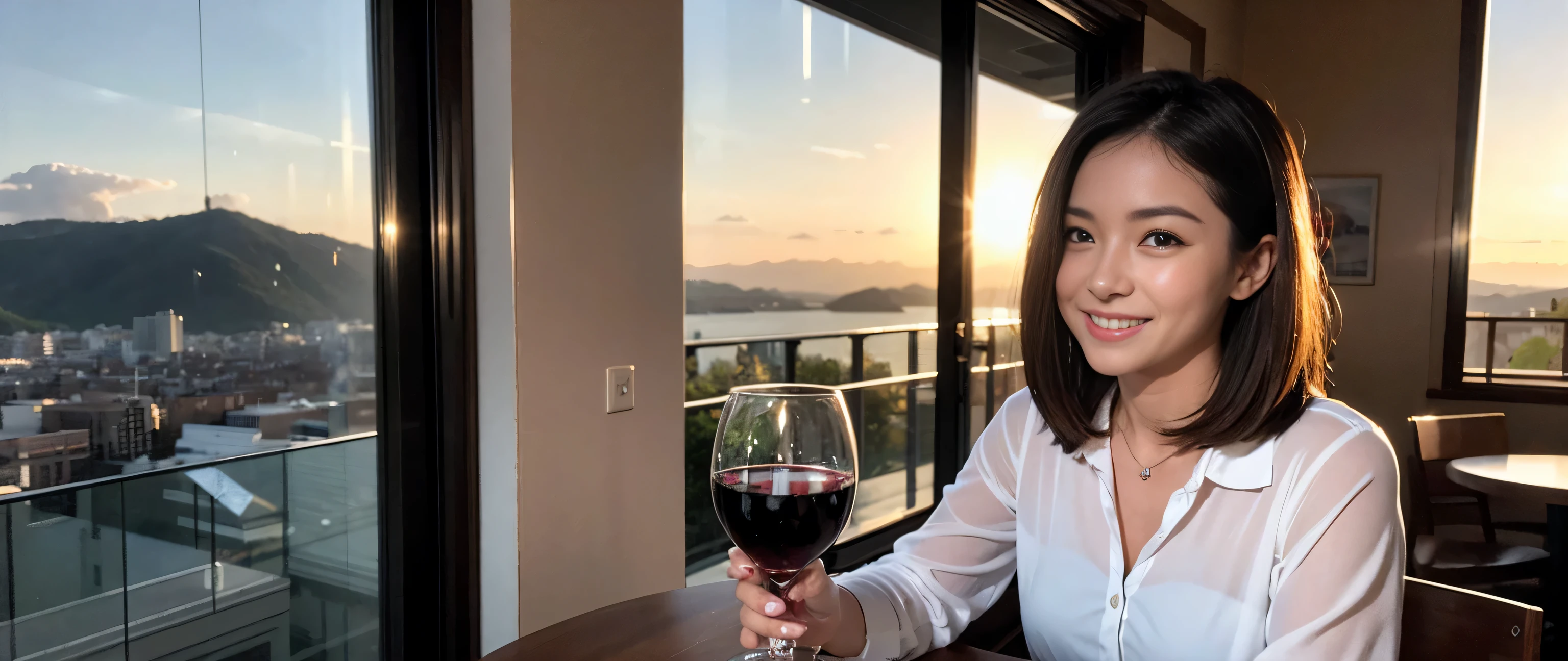 ((highest quality、8k、masterpiece:1.3))、Sharp focus:1.2、Beautiful woman perfect body:1.4、Slim body、((Bob Hale、Straight hair:1.2))、(to be born, highest quality, masterpiece:1.5), (Realistic, Intricate details:1.2), Ultra-high resolution, Facial lighting、Spectacular view of the sunset sky and clouds、Amazing mountain views、A bright smile、wine glass、red wine 、Appetizer、Italian food、Wine bottle、Champagne、sparkling wine、, Beautiful Face, blue eyes, The light shines on your face, Blushing, short hair,Bright Face、Fox face、 (36 years old), 39 years old, Lady、Two beauties、Brown Hair、Shortcuts、Long sleeve shirt、dress、Pretty Woman 1, (slim face), (The body is slim), (Brown Hair), (Shortcuts), cheeks turn a little red,Attractive beauty、, Out of the window, A beautiful and detailed night view unfolds.........., restaurant, In a prominent place (From the waist up) Nova Frog Style, actress, model, Upper Body, White wine, slim, wine glass, A wine glass placed in the middle, smile, (smile: 1.15), Beautiful fine grain, Depth f/2,saturation, High Contrast, Strong light and shadow,Moist Body:1.5、3D texture、Delicate eyes、Brown Hair、The hair is very shiny、