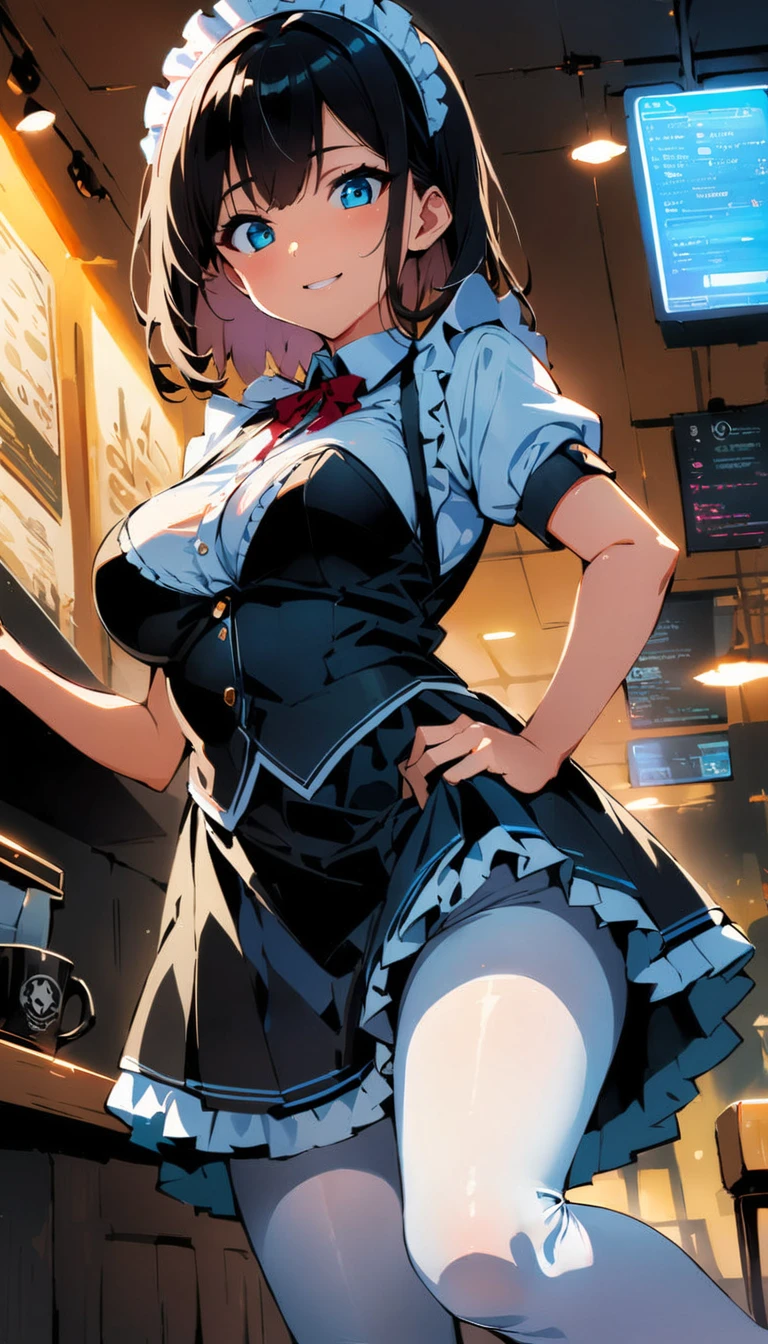 (high quality, 8k, 4K, High Contrast, masterpiece:1.2, 最high quality, Best aesthetics), , Maid, Very detailed, Seductive and erotic girl with lace headdress, smile, (Medium breast, Silver fur), Focus on the face, Focus on the face, Complex eyes, tights, laced tights, coffee shop, Ground angle shot, Viewers looking up, feet in tights, Open-chested clothing