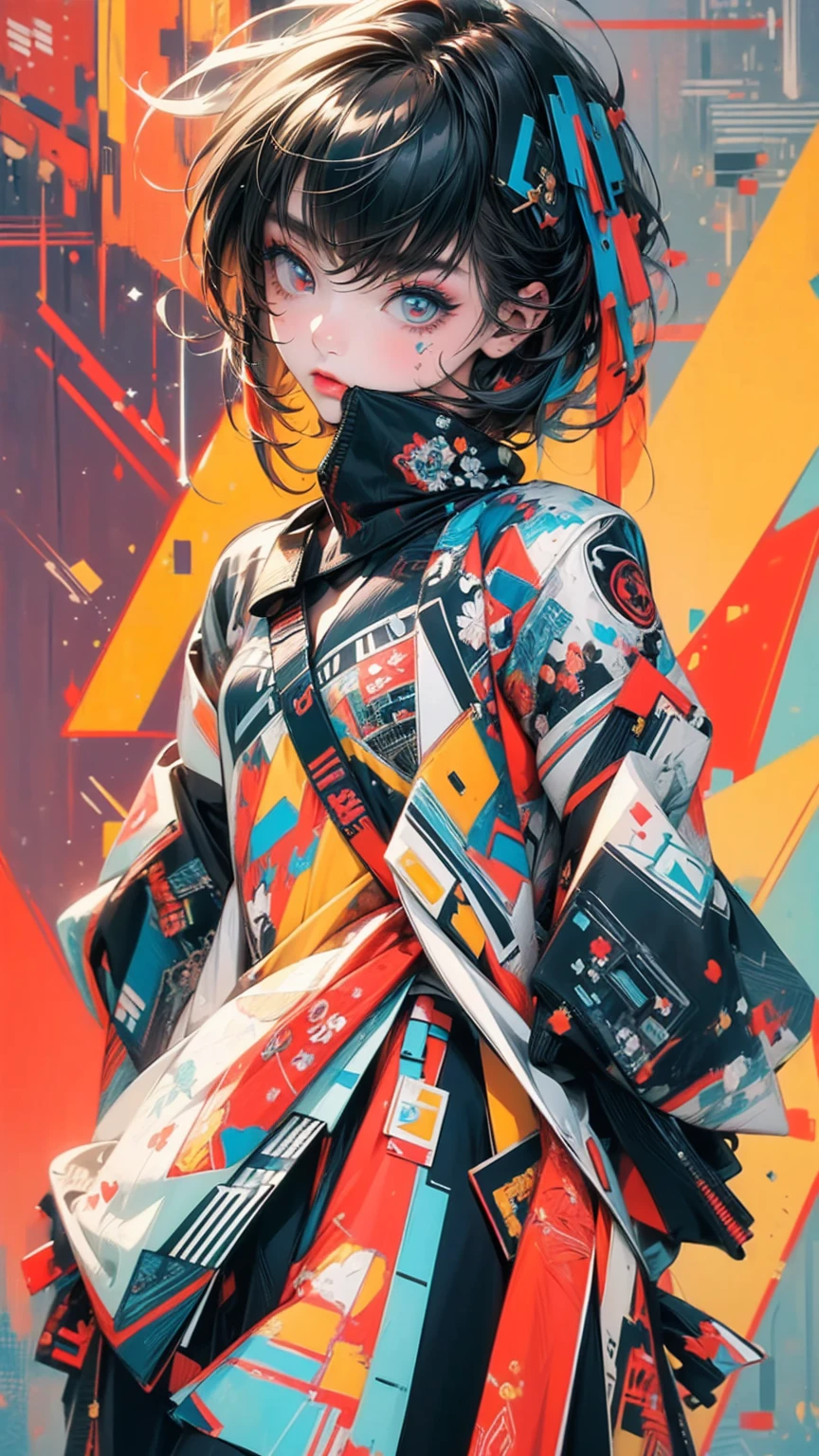 ((masterpiece, High resolution, highest quality, Attention to detail)), 20-year-old female, Upper Body, Avant-garde makeup, Grunge Fashion, abstract design, artistic juxtapositions, A fluid fusion of abstract art, Maximalism art style, Geometric art style, Anime Style, Simple lines, Digital Painting,