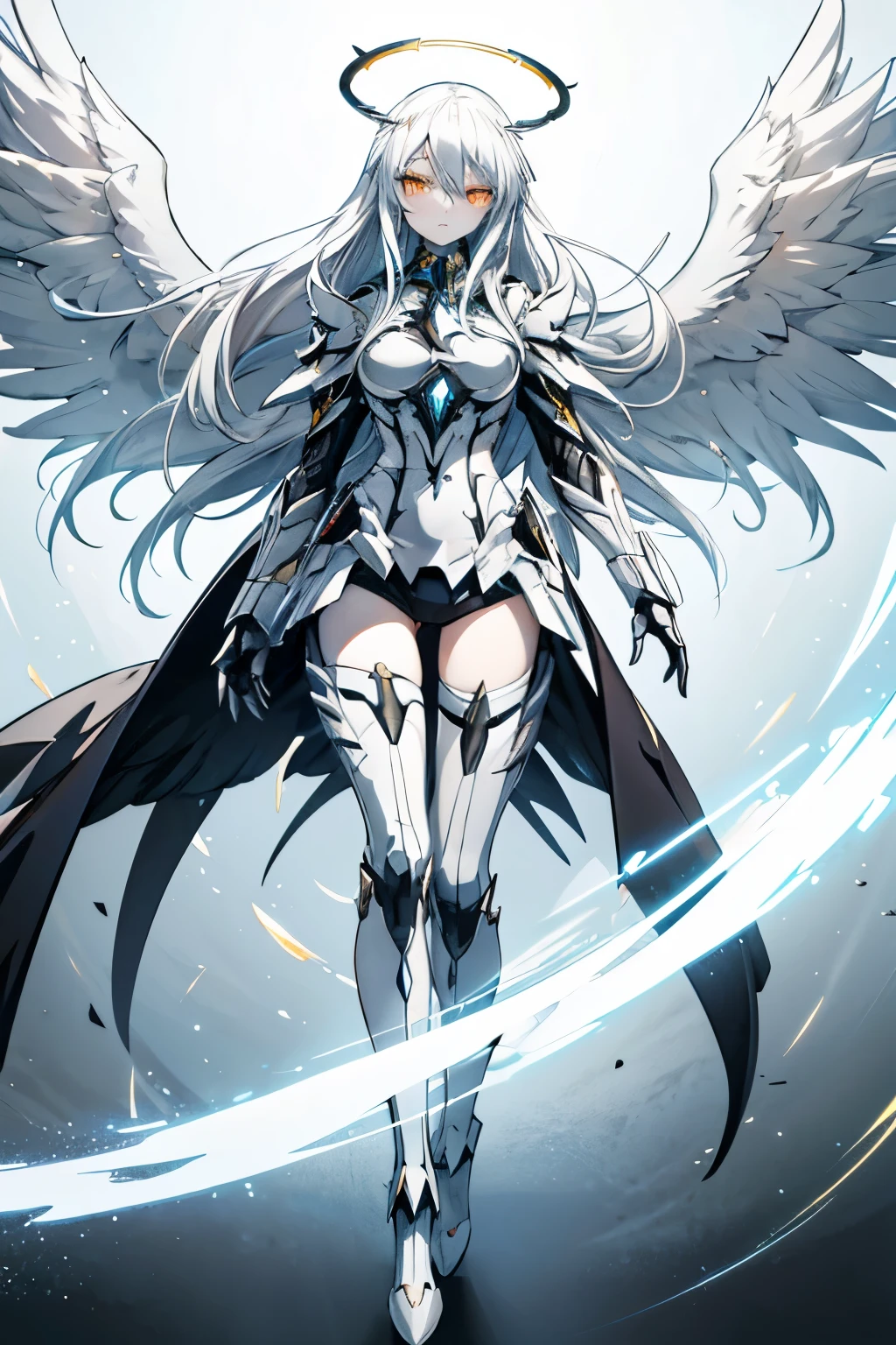 1girl, an anime girl with long white hair, anime art, an anime drawing, golden eyes, tall woman, high quality, thin body, multiple wings, angel, six wings, head wings, glowing eyes, halo, black thighhighs, bright pupils, black clothes, thunder, black gloves, cybernetic angel, possessing metallic wings and a sleek white and silver exoskeleton, bodysuit, iron mask, five fingers