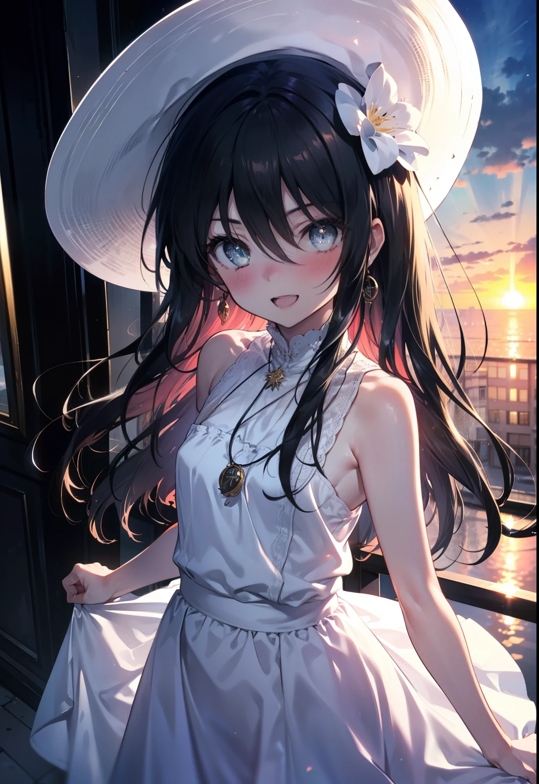 Shana,灼眼のShana,Ahoge,Long Hair,Black Hair, black eye, Small breasts,smile,blush,Open your mouth,Sleeveless dress,Bare shoulders,bare clavicle,Bare neck,Rocket Pendant,White hat,Long skirt,Cute heeled sandals,Looking down from above,sunset,evening,The sun is setting,
break looking at viewer, (Cowboy Shot:1. 5)
break outdoors, City Street,Building district,
break (masterpiece:1.2), highest quality, High resolution, unity 8k wallpaper, (shape:0.8), (Fine and beautiful eyes:1.6), Highly detailed face, Perfect lighting, Highly detailed CG, (Perfect hands, Perfect Anatomy),