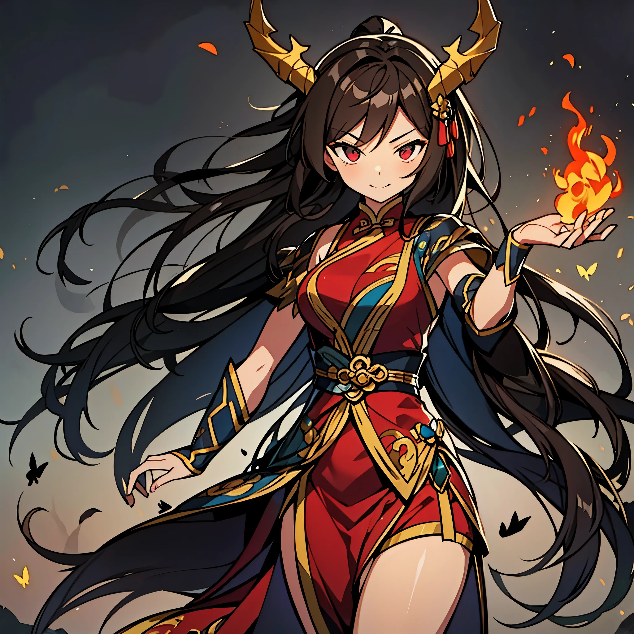 A Chinese female dancer，solo，Brown hair，Long hair，Chinese style butterfly hair accessories，There are dragon horns on the head，Flowing skirt reveals neck and shoulders，Loose top，With butterfly tattoo，Dancing with flames，The scene behind is a battlefield burning with flames。Medium shot composition, Characters and scenes, game concept art style, Anime illustration style, anime style, Classicism, anime, Conceptual art, tachi-e, close-up, 4K, masterpiece, UHD, high details, high quality, anatomically correct