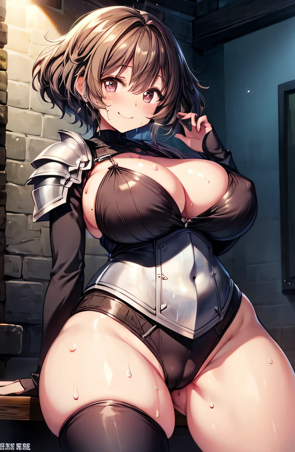 Anime illustration、highest quality、A short and voluptuous female knight、leather armor、Majestic castle、Perfect proportions、overwhelmingly big breasts、Thick legs、Beautiful, shining eyes、Cowboy Shot、smile、Excessive sweating、Noise Reduction