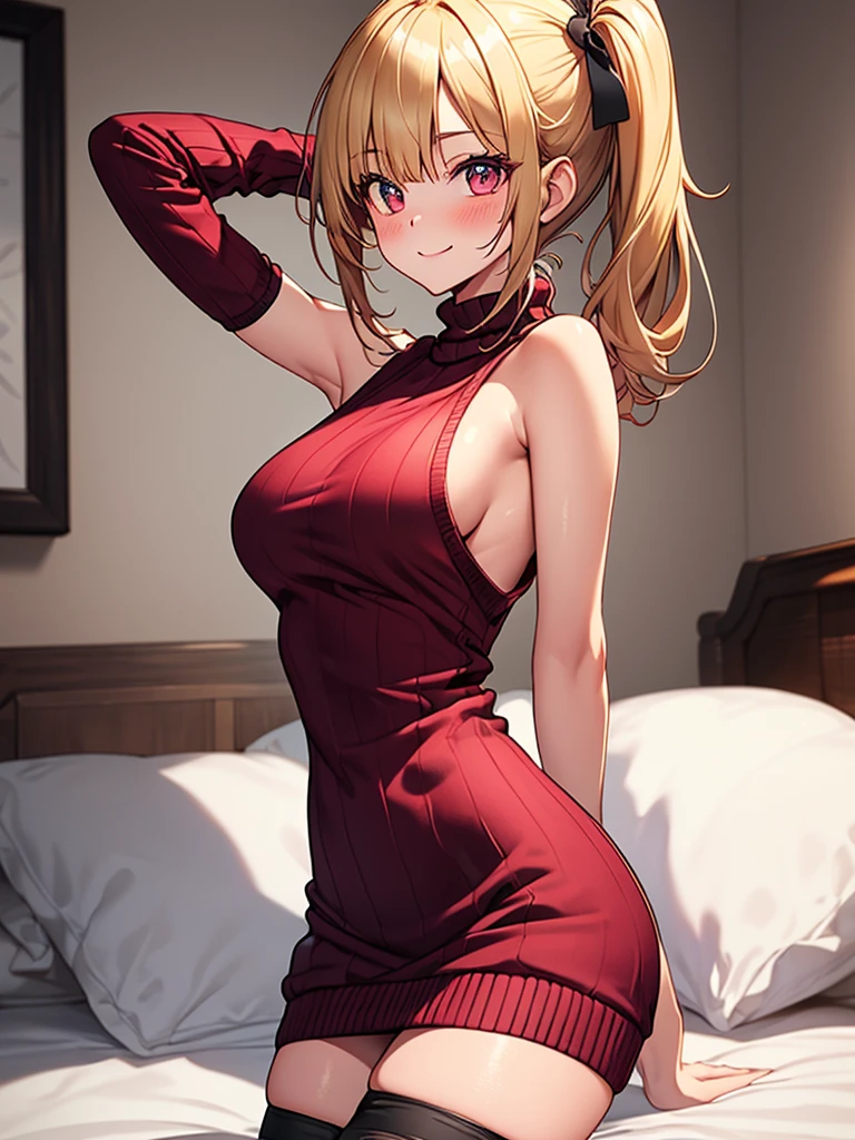 (highest quality, High resolution, perfect pixel, Depth of bounds written, 4K), bed, from side, (cowboy shot), (armpit focus), detailed eyes, (1 lady), tall, slim, perfect body, large breasts, (side boob), blond hair, (side ponytail:1.2), (burgundy virgin killer sweater dress:1.2), (sleeveless), bare back, (standing), (arm behind head:1.2), seductive smile, blush, (knee-length stockings:1.3),