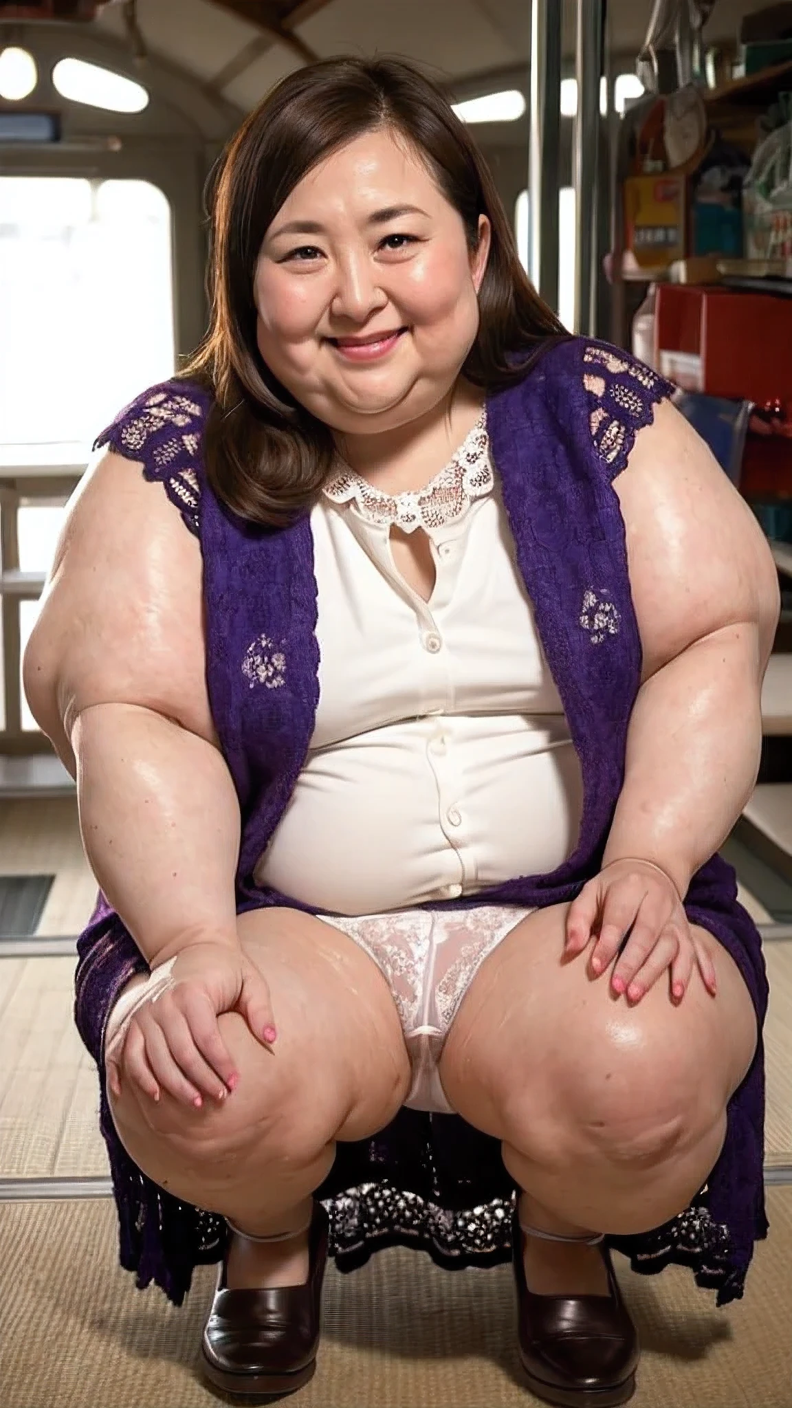 (((Photo Composition))), gravure, highest quality, Very detailed, Realistic, Very detailedskin, Perfect Anatomy, (Japanese MILF),80 years old, big breasts, Mature Woman, Sexy, Chromo White Skin, View your viewers,((((obesity)))),((Double chin)),((Big belly)),Thick arms,thick upper arms,Thick legs,fat girl,(long hair),Facial wrinkles,make up,((brown hair)),(dress shirt),(lace skirt),(wet skin),ferris wheel,squatting,white panties,(open leg),open clothes,(show panties),cameltoe