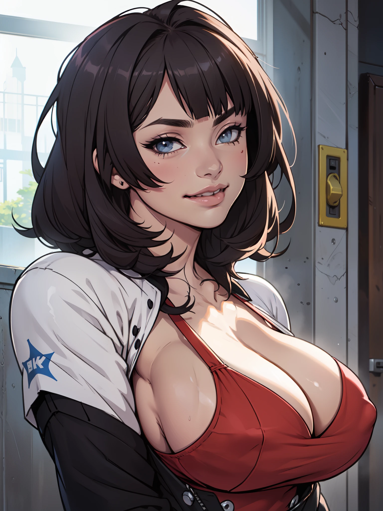 (high resolution), (em 8K), (detalhe extremo), (best illustration), (belo detalhe), (melhor qualidade), (masseter part), ( rosto detalhado), One piece、us、cabelo cor roxa 、O de cabelos compridos、tops、Gender、Realistic rendering of anime girl, Olhar travesso、Um sorriso (peito grande: 1.4) popular em CGStation, 4K,destaque no olhar o fundo de)), huge tits