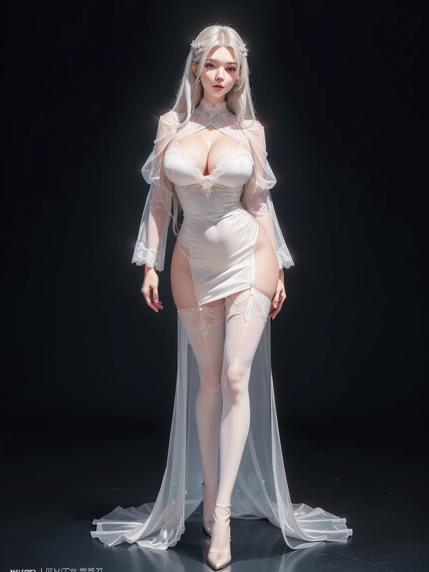((Full image:1.5, Show full body from head to toe, Standing perfectly, standing, Body facing to the viewer (Show front body, show center body)). Balance focused camera view, Centered camera view, middle camera view, vertical scape camera. Masterpiece, realistic:1.2, illustration:1.1, best quality, high quality, fine details, perfect details, smooth detail, sharp color, 8K, Ultra HD, Ultra-clear portrait, big resolution, high resolution, detailed skin, perfect lighting, bright lighting, top quality, sharp focus. Luxurious, lady, noble, Gorgeous body. A Gorgeous woman wearing transparent clothes, translucent lace, long sleeves(lace sleeves), , cloak, cape, skirts, stockings, lace stockings, panty show heels. Full Huge breast:1.9 round breast, alluring seductive body, tall body, fit body, slim body, Leg length, pale toned skin, very bright skin, glossy skin, glowing skin, pretty face, glossy face, glowing face, bright face, wearing full makeup, eyeshadow, eyelashes, lipstick, glossy lips, blush. Smirking, haughty face. Long silver hair. The background is inside a castle, bright lighting. (((Standing pose (Show Full Body) (Full Body View))).