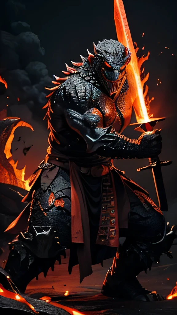 A scary  lava monster holding a magama sword 